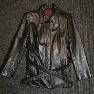 Vintage 90s Wilsons Leather Black overcoat with belt. womans m